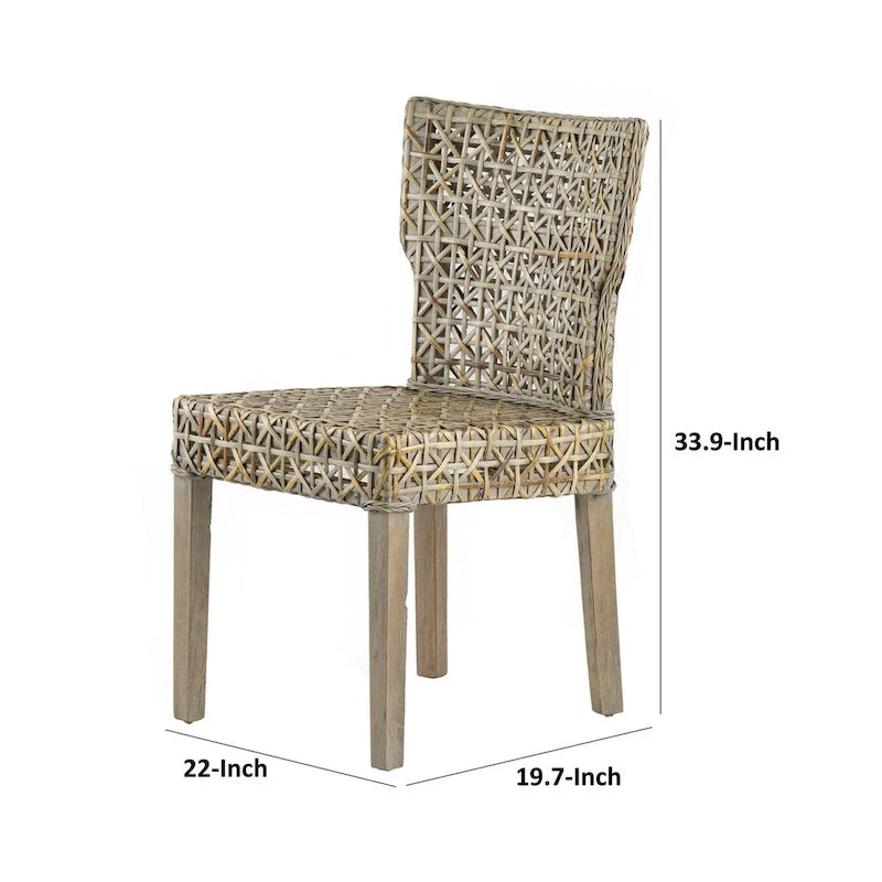 Chaise de salle à manger latérale en rotin tressé avec cadre en bois, gris patiné, simple