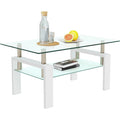 Table basse à 2 niveaux en verre trempé de 99 cm avec étagère inférieure, blanc / noir / transparent et noir
