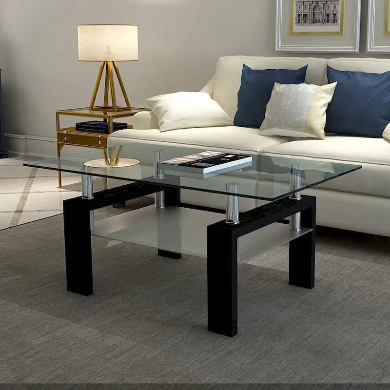 Table basse à 2 niveaux en verre trempé de 99 cm avec étagère inférieure, blanc / noir / transparent et noir