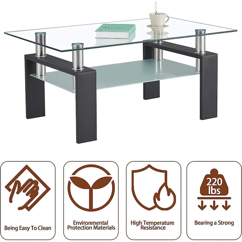 Table basse à 2 niveaux en verre trempé de 99 cm avec étagère inférieure, blanc / noir / transparent et noir