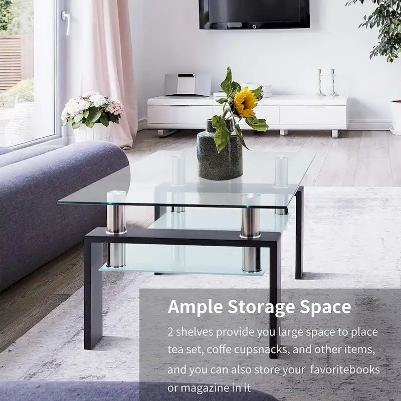 Table basse à 2 niveaux en verre trempé de 99 cm avec étagère inférieure, blanc / noir / transparent et noir