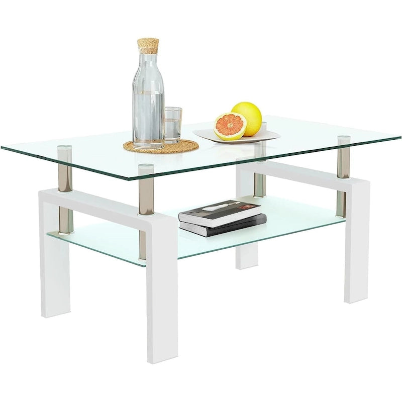 Table basse à 2 niveaux en verre trempé de 99 cm avec étagère inférieure, blanc / noir / transparent et noir