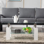 Table basse à 2 niveaux en verre trempé de 99 cm avec étagère inférieure, blanc / noir / transparent et noir