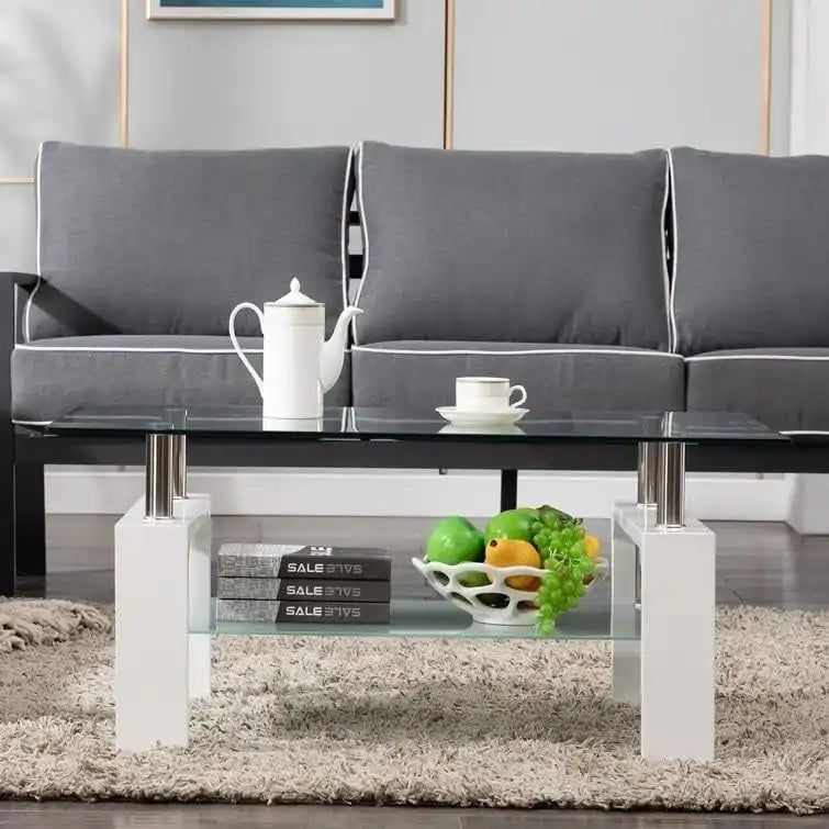 Table basse à 2 niveaux en verre trempé de 99 cm avec étagère inférieure, blanc / noir / transparent et noir