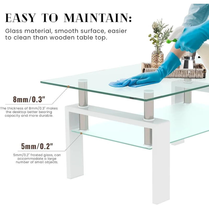 Table basse à 2 niveaux en verre trempé de 99 cm avec étagère inférieure, blanc / noir / transparent et noir