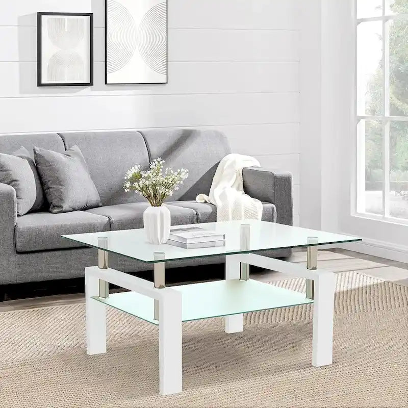 Table basse à 2 niveaux en verre trempé de 99 cm avec étagère inférieure, blanc / noir / transparent et noir