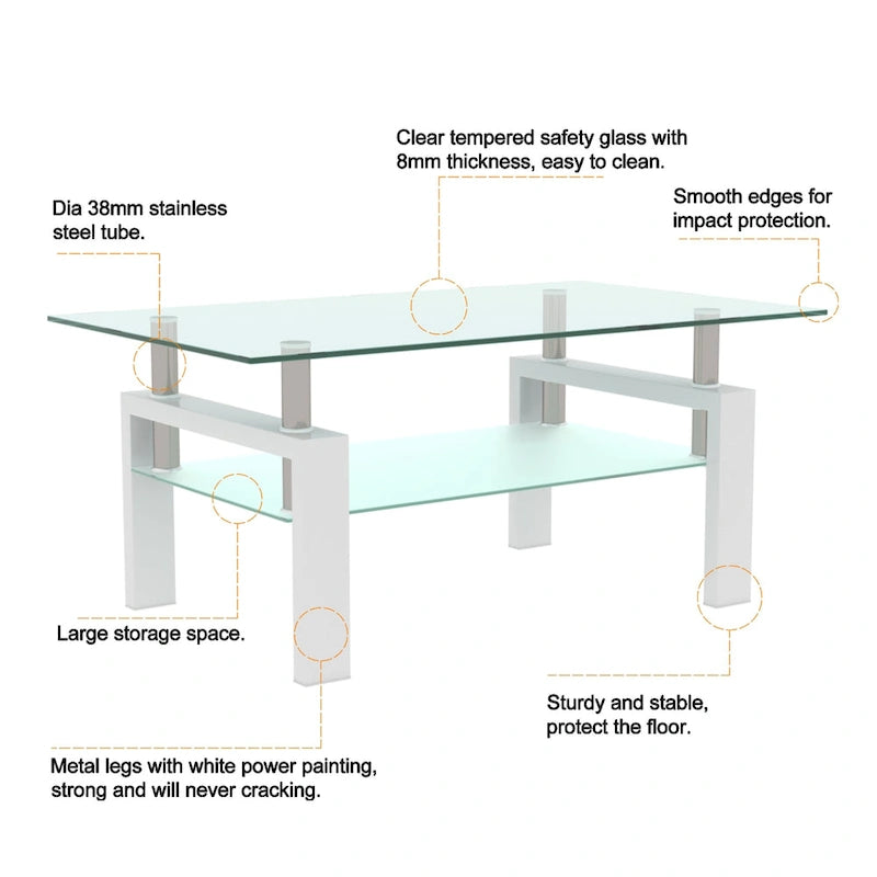 Table basse à 2 niveaux en verre trempé de 99 cm avec étagère inférieure, blanc / noir / transparent et noir