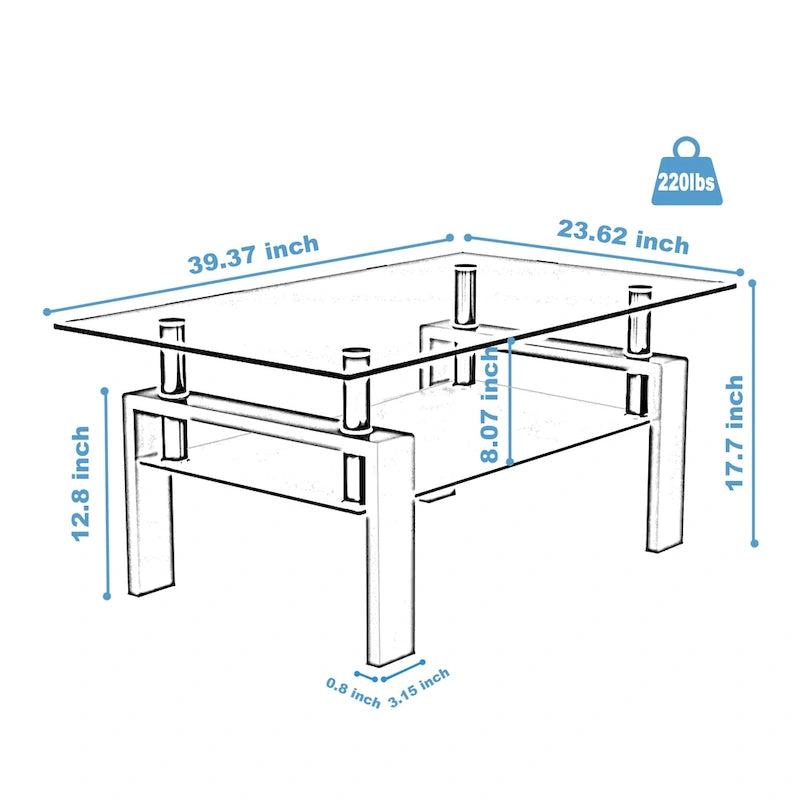 Table basse à 2 niveaux en verre trempé de 99 cm avec étagère inférieure, blanc / noir / transparent et noir