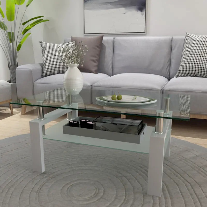 Table basse à 2 niveaux en verre trempé de 99 cm avec étagère inférieure, blanc / noir / transparent et noir