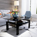Table basse à 2 niveaux en verre trempé de 99 cm avec étagère inférieure, blanc / noir / transparent et noir