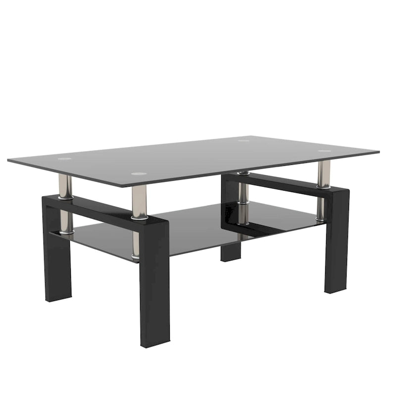 Table basse à 2 niveaux en verre trempé de 99 cm avec étagère inférieure, blanc / noir / transparent et noir