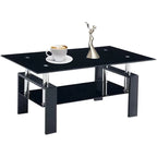 Table basse à 2 niveaux en verre trempé de 99 cm avec étagère inférieure, blanc / noir / transparent et noir