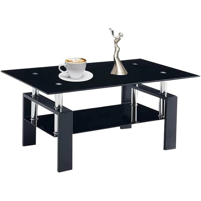 Table basse à 2 niveaux en verre trempé de 99 cm avec étagère inférieure, blanc / noir / transparent et noir