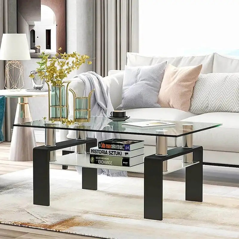 Table basse à 2 niveaux en verre trempé de 99 cm avec étagère inférieure, blanc / noir / transparent et noir
