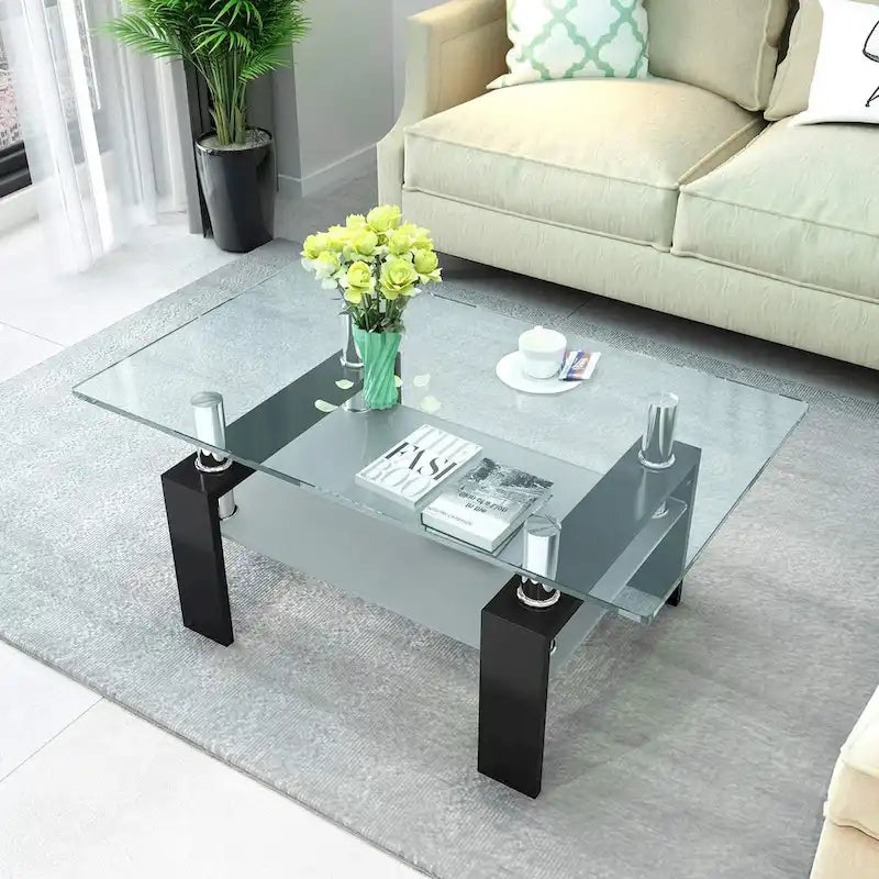 Table basse à 2 niveaux en verre trempé de 99 cm avec étagère inférieure, blanc / noir / transparent et noir
