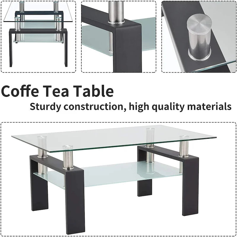 Table basse à 2 niveaux en verre trempé de 99 cm avec étagère inférieure, blanc / noir / transparent et noir