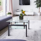 Table basse à 2 niveaux en verre trempé de 99 cm avec étagère inférieure, blanc / noir / transparent et noir