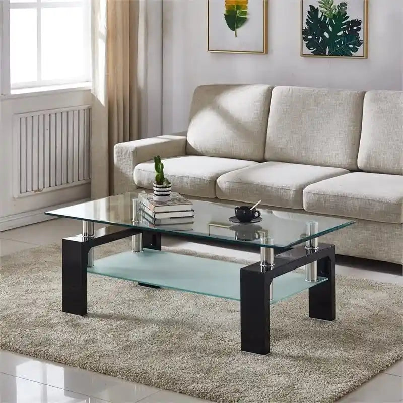 Table basse à 2 niveaux en verre trempé de 99 cm avec étagère inférieure, blanc / noir / transparent et noir