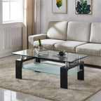 Table basse à 2 niveaux en verre trempé de 99 cm avec étagère inférieure, blanc / noir / transparent et noir