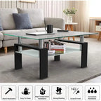 Table basse à 2 niveaux en verre trempé de 99 cm avec étagère inférieure, blanc / noir / transparent et noir