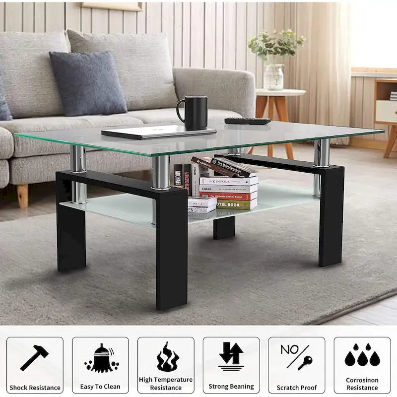 Table basse à 2 niveaux en verre trempé de 99 cm avec étagère inférieure, blanc / noir / transparent et noir