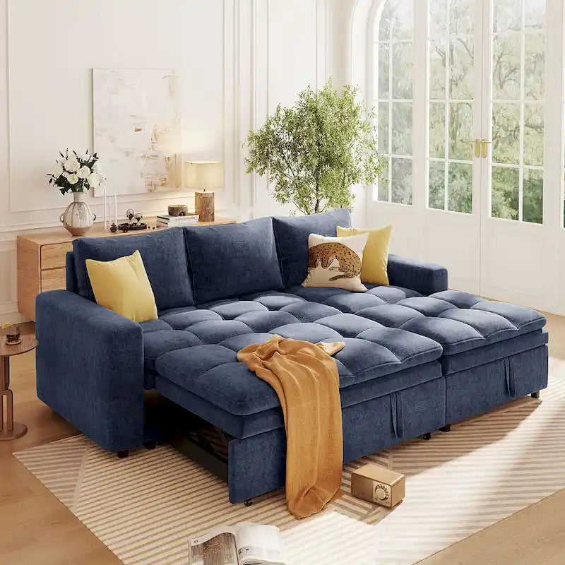 Canapé-lit convertible 2-en-1 de 203 cm avec matelas à ressorts ensachés, gris / bleu, 3 places