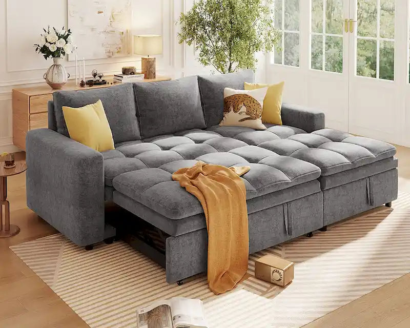 Canapé-lit convertible 2-en-1 de 203 cm avec matelas à ressorts ensachés, gris / bleu, 3 places