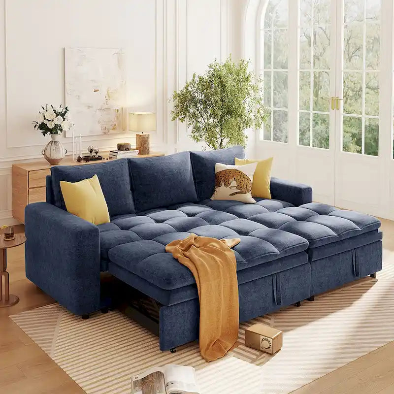 Canapé-lit convertible 2-en-1 de 203 cm avec matelas à ressorts ensachés, gris / bleu, 3 places