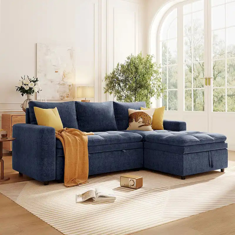 Canapé-lit convertible 2-en-1 de 203 cm avec matelas à ressorts ensachés, gris / bleu, 3 places
