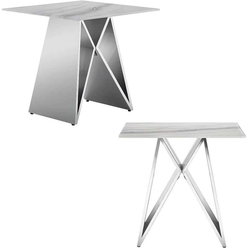 Table d'appoint en verre avec base en acier inoxydable en forme de M, argent, disponible par lot de 1 ou 2