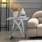Table d'appoint en verre avec base en acier inoxydable en forme de M, argent, disponible par lot de 1 ou 2