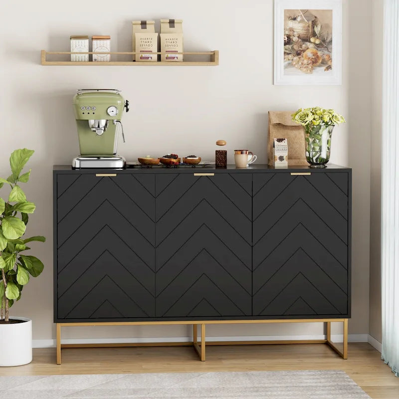 Buffet 3 portes avec motif à chevrons et piètement métallique, Noir/Blanc