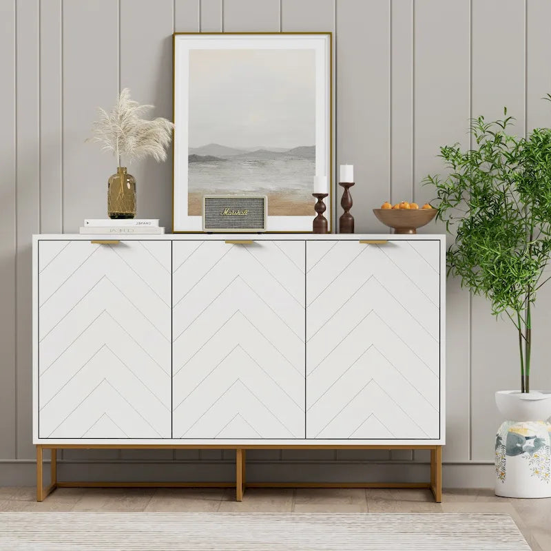 Buffet 3 portes avec motif à chevrons et piètement métallique, Noir/Blanc