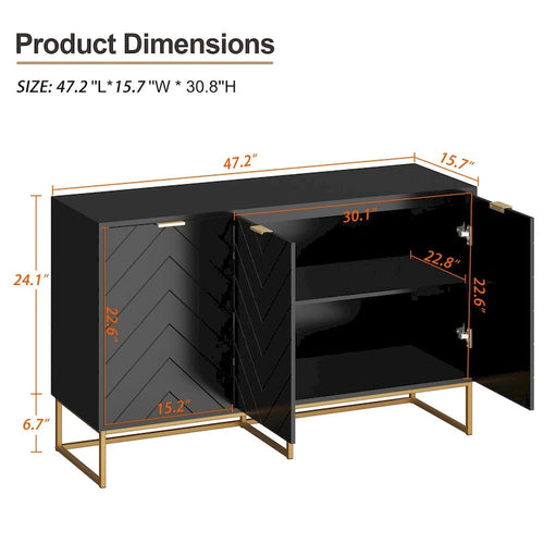 Buffet 3 portes avec motif à chevrons et piètement métallique, Noir/Blanc