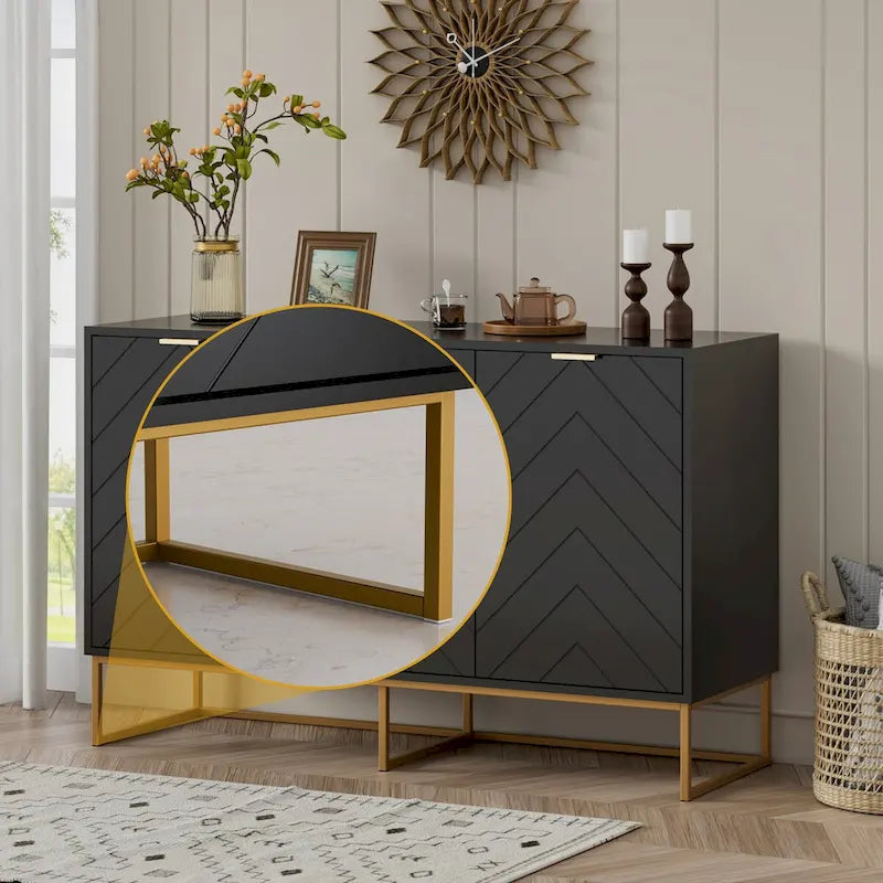 Buffet 3 portes avec motif à chevrons et piètement métallique, Noir/Blanc