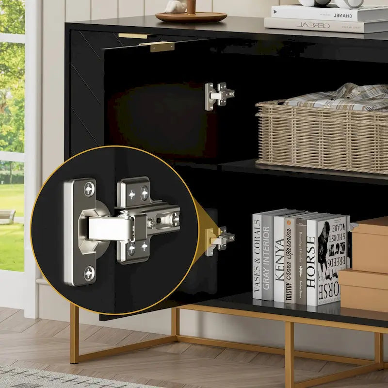 Buffet 3 portes avec motif à chevrons et piètement métallique, Noir/Blanc