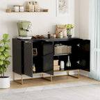 Buffet 3 portes avec motif à chevrons et piètement métallique, Noir/Blanc
