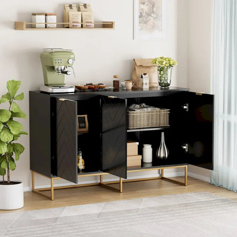 Buffet 3 portes avec motif à chevrons et piètement métallique, Noir/Blanc