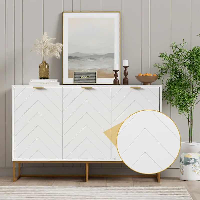 Buffet 3 portes avec motif à chevrons et piètement métallique, Noir/Blanc