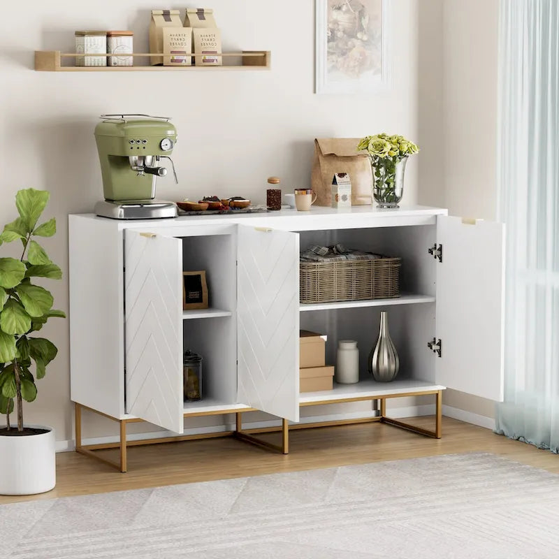 Buffet 3 portes avec motif à chevrons et piètement métallique, Noir/Blanc