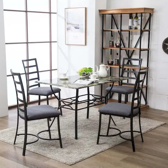 Table à manger rectangulaire en faux marbre avec pieds coniques en métal, noire, 4 à 6 places
