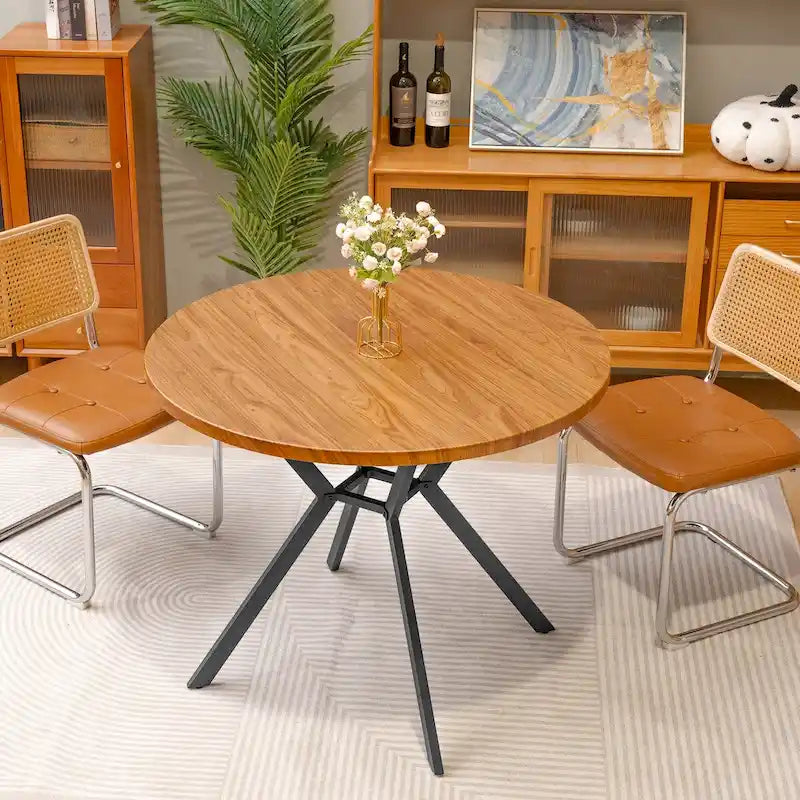 Table de salle à manger ronde de ferme de 38,6 po avec pieds en métal en X, noyer, 4 places