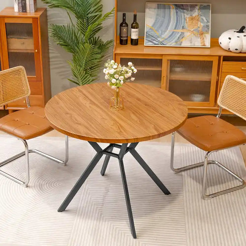 Table de salle à manger ronde de ferme de 38,6 po avec pieds en métal en X, noyer, 4 places