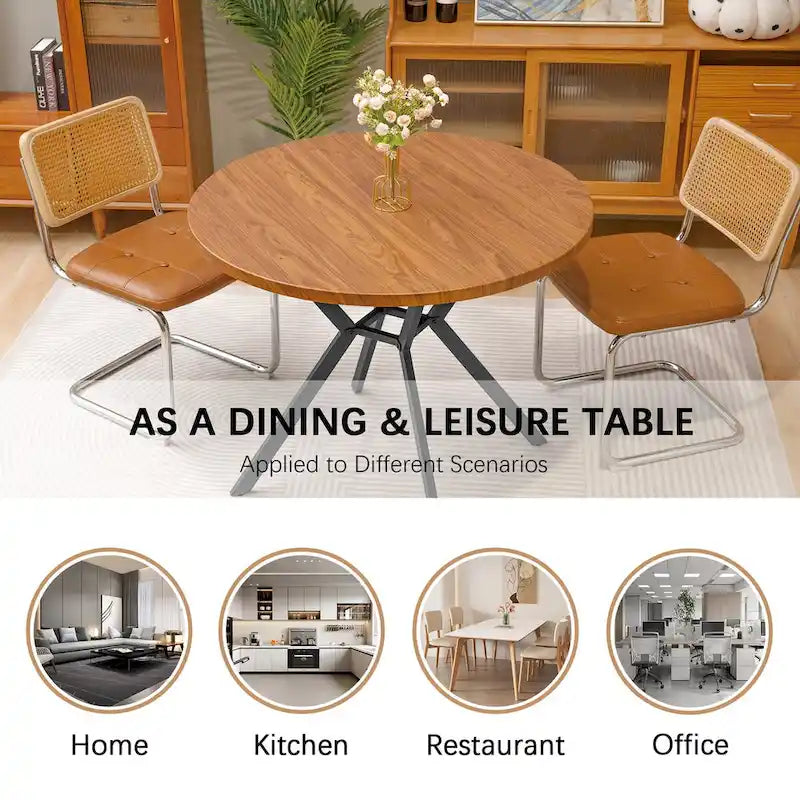 Table de salle à manger ronde de ferme de 38,6 po avec pieds en métal en X, noyer, 4 places