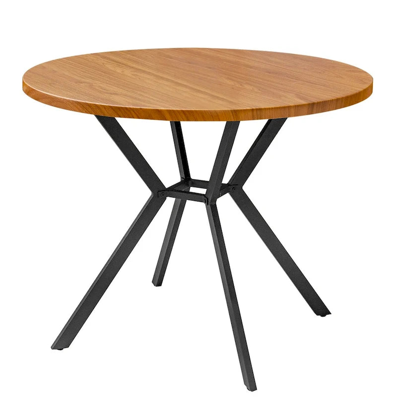 Table de salle à manger ronde de ferme de 38,6 po avec pieds en métal en X, noyer, 4 places