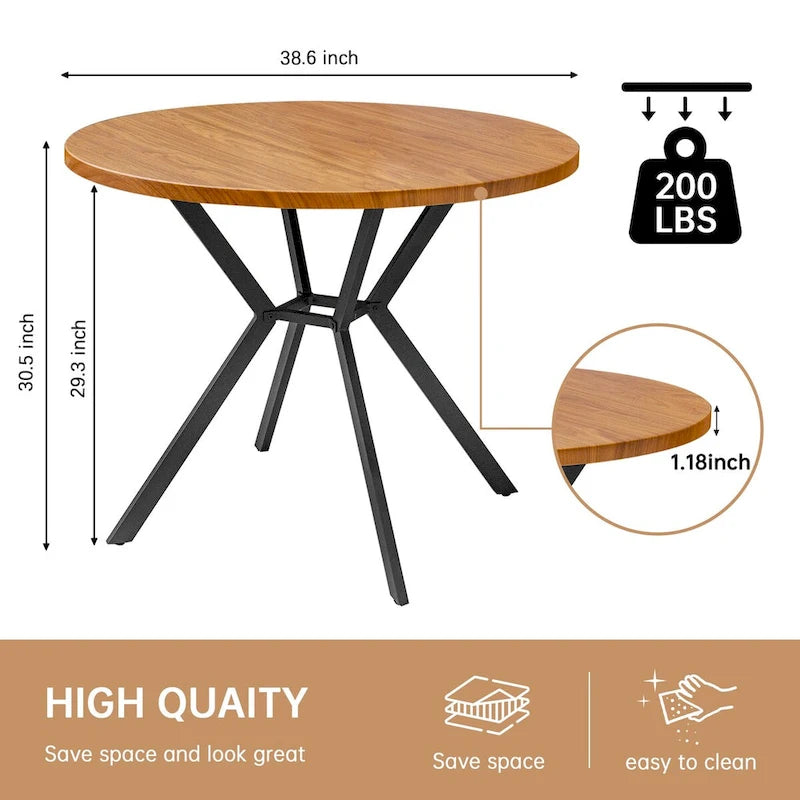 Table de salle à manger ronde de ferme de 38,6 po avec pieds en métal en X, noyer, 4 places