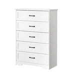 Commode à 5 tiroirs avec dispositif anti-basculement et finition grain de bois, blanc / marron et blanc