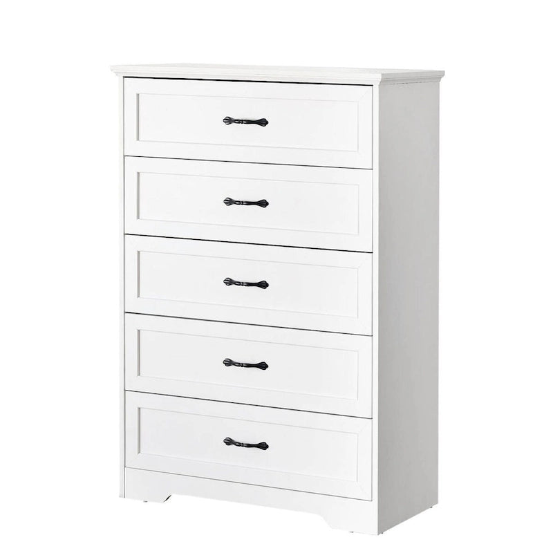 Commode à 5 tiroirs avec dispositif anti-basculement et finition grain de bois, blanc / marron et blanc