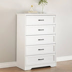 Commode à 5 tiroirs avec dispositif anti-basculement et finition grain de bois, blanc / marron et blanc