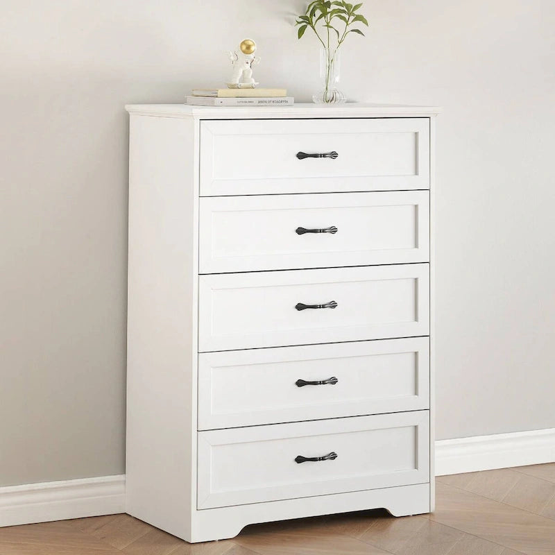 Commode à 5 tiroirs avec dispositif anti-basculement et finition grain de bois, blanc / marron et blanc